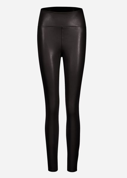 High-Rise Thermo Leather Leggings with Wide Waistband - Black