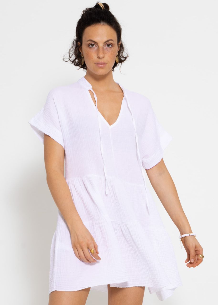 Short muslin dress with flounces - white