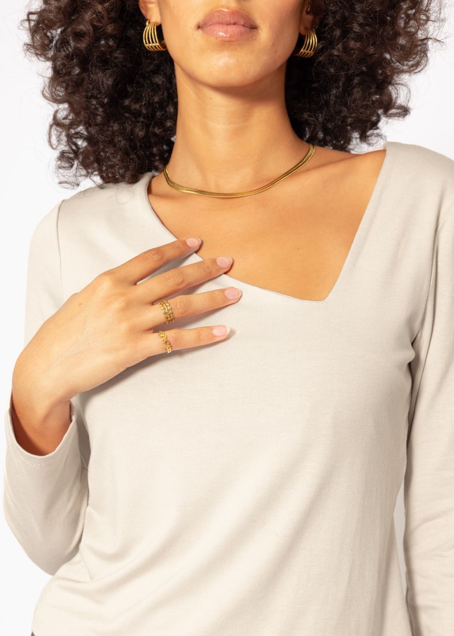 Long-sleeved shirt with asymmetric neckline - beige