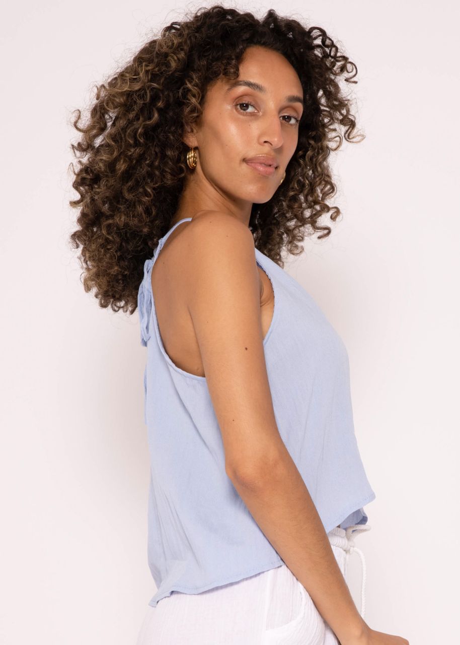 Shimmering off shoulder viscose top, light blue