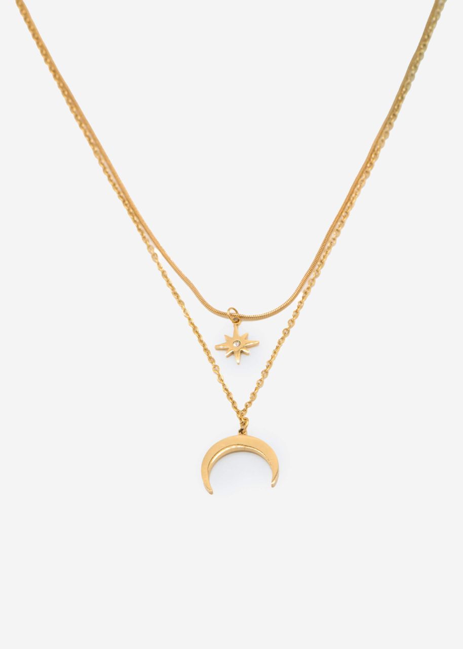 Layer necklace with star and half moon pendant - gold