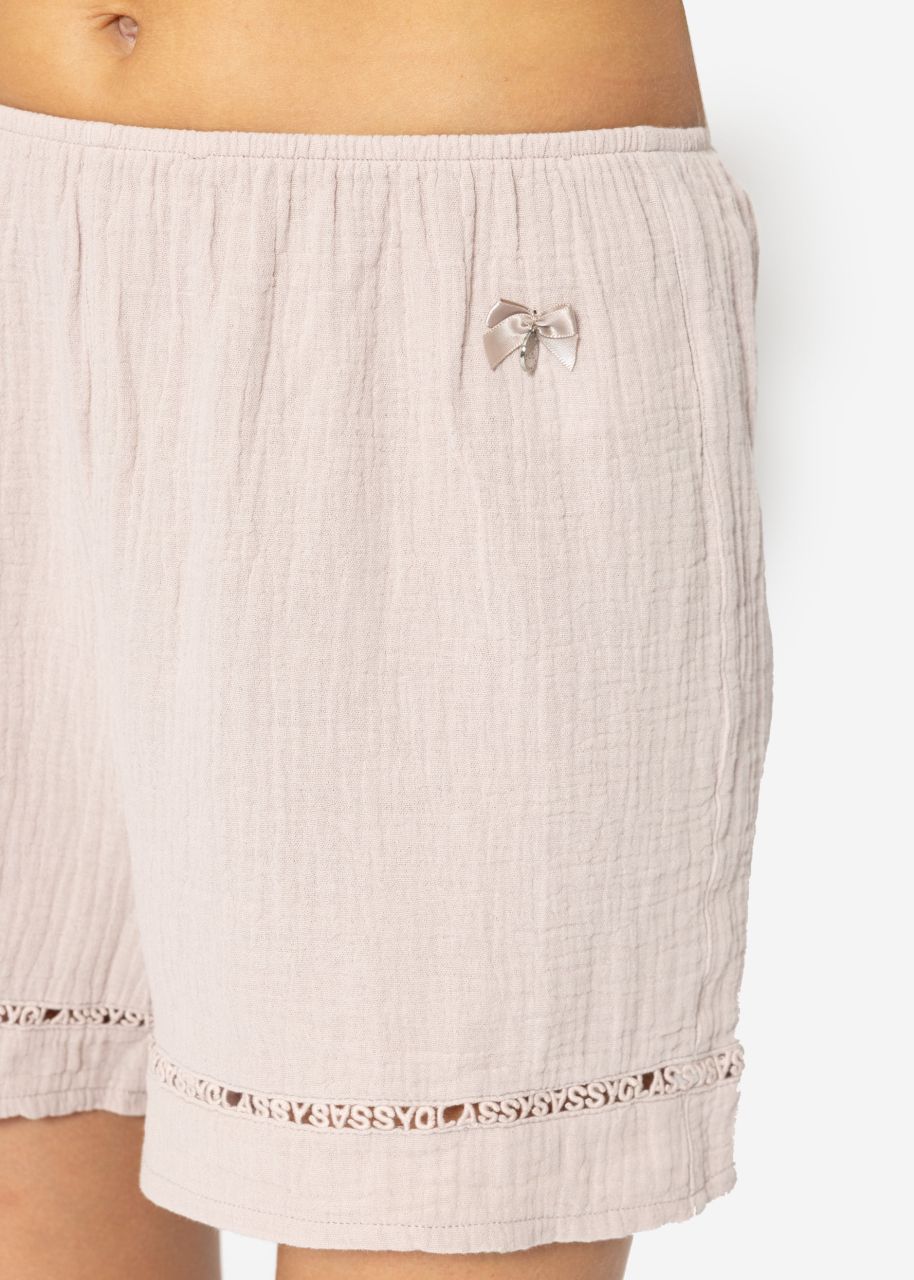 Muslin pyjama shorts with lace trim - dusky pink