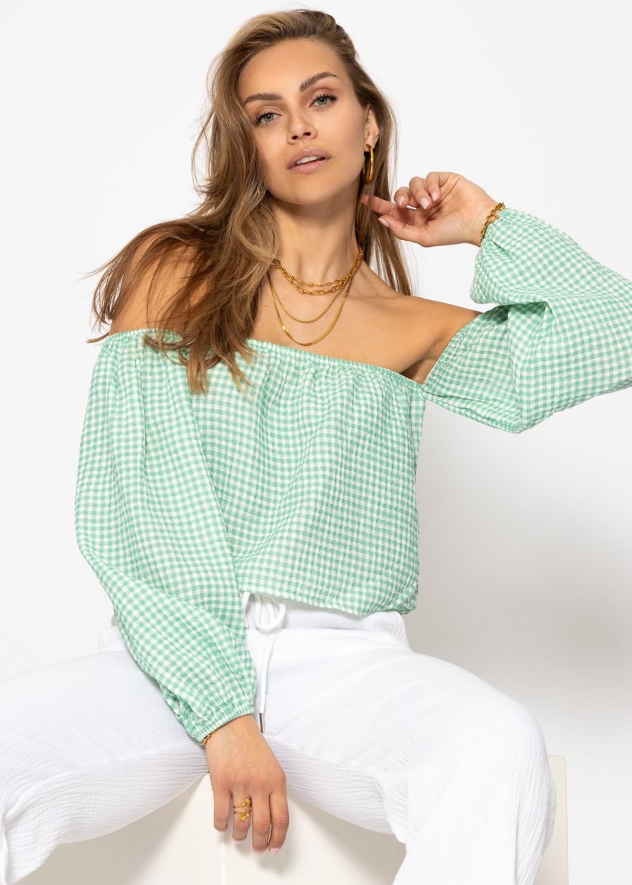 Muslin top with Vichy print, off-the-shoulder - sage green-white