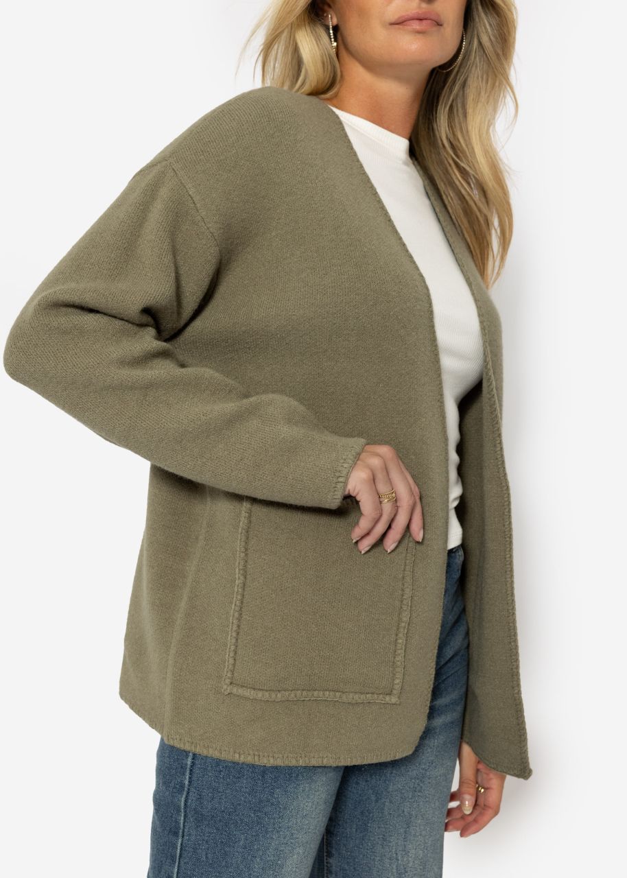 Open cardigan with patch pockets - khaki