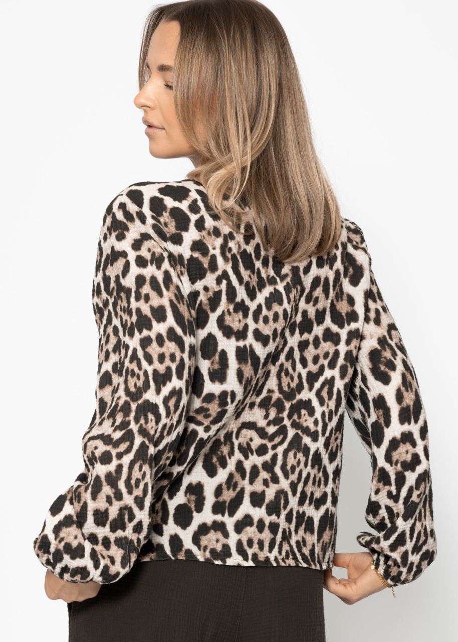 Muslin blouse jacket with tie ribbons in leo print - brown