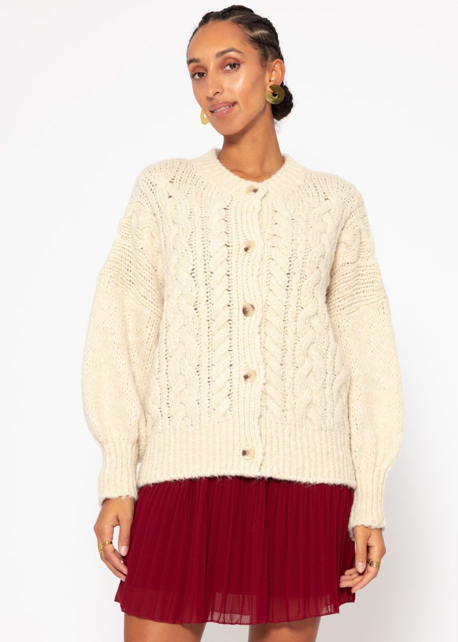 Super fluffy cardigan with cable knit pattern - cream white