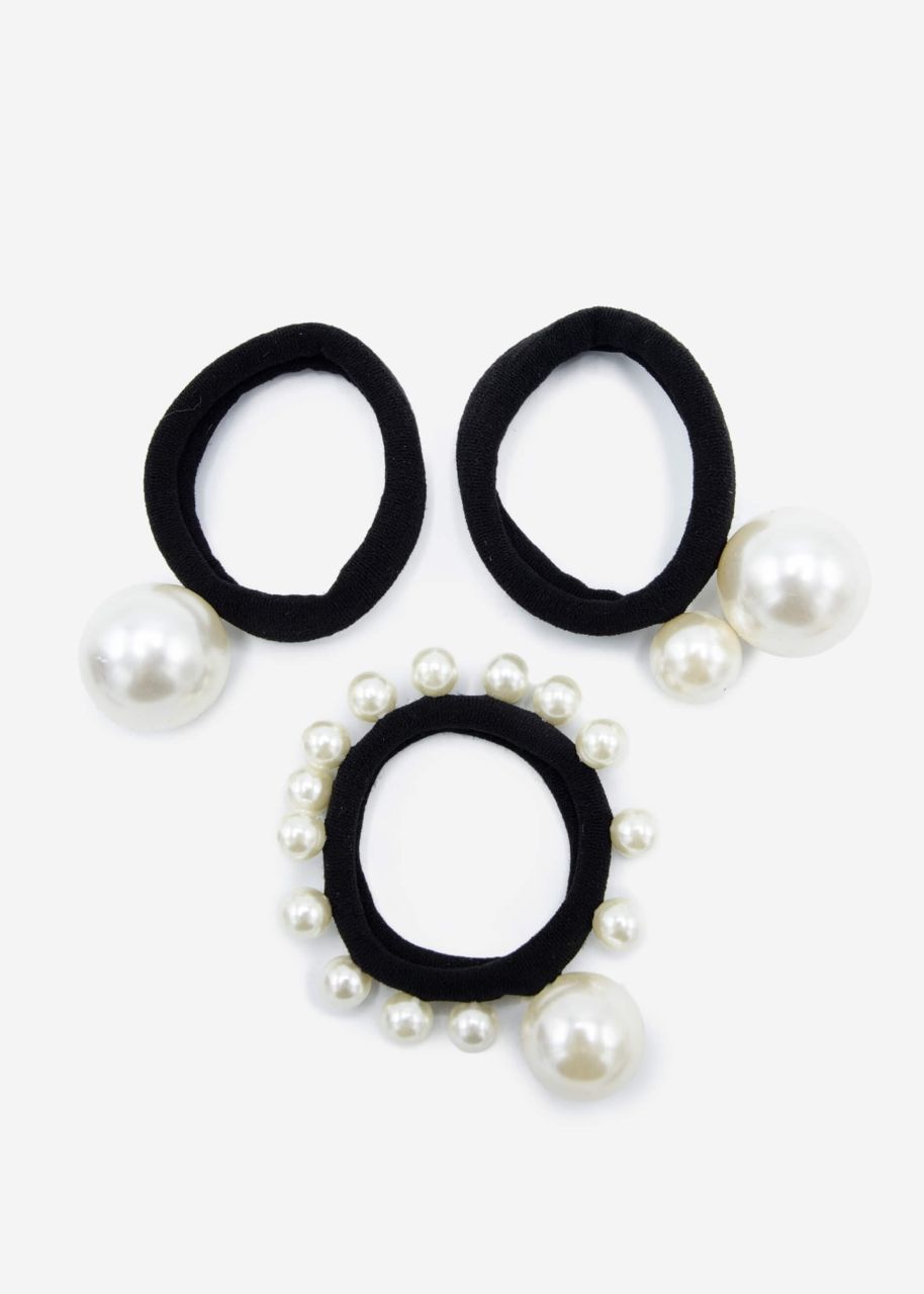Set of 3 hair ties with pearls - black