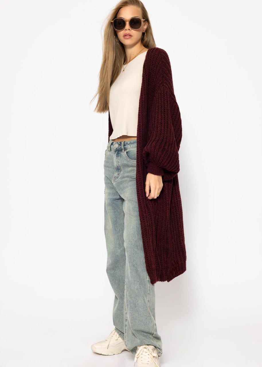 Ribbed long cardigan with balloon sleeves - burgundy