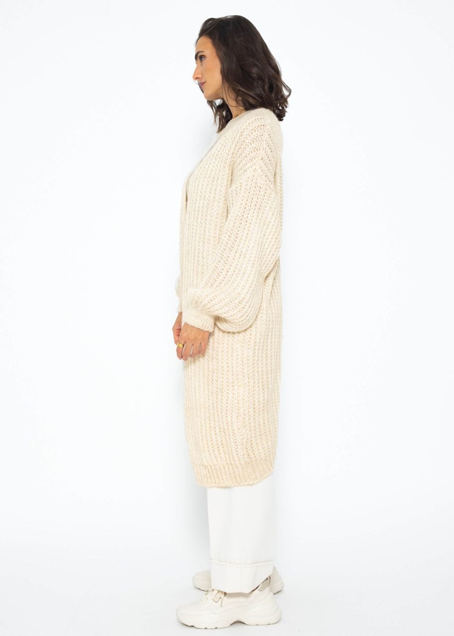 Ribbed long cardigan with balloon sleeves - beige