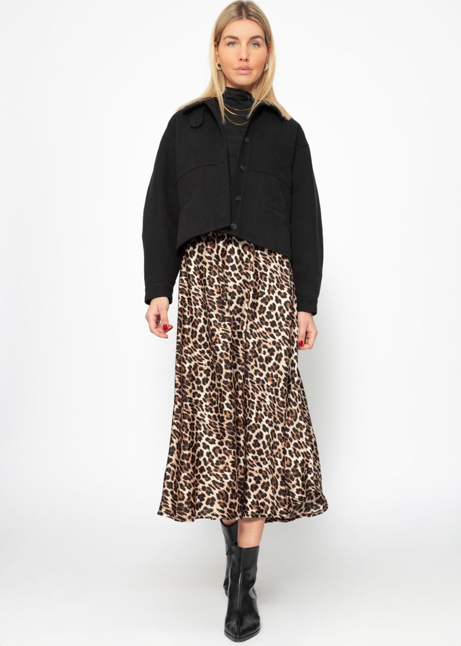 Satin skirt with leo print, brown