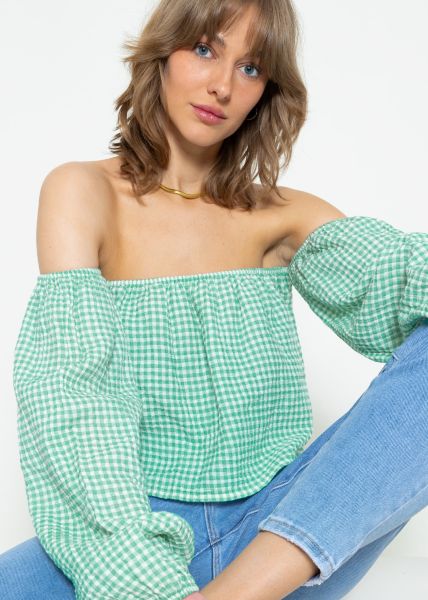 Muslin top with Vichy print, off-the-shoulder - sage green-white