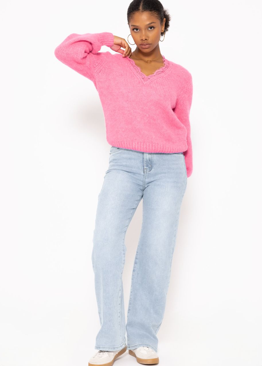 Jumper with lace neckline - pink