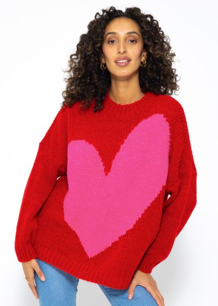 Oversized jumper with heart motif - red-pink