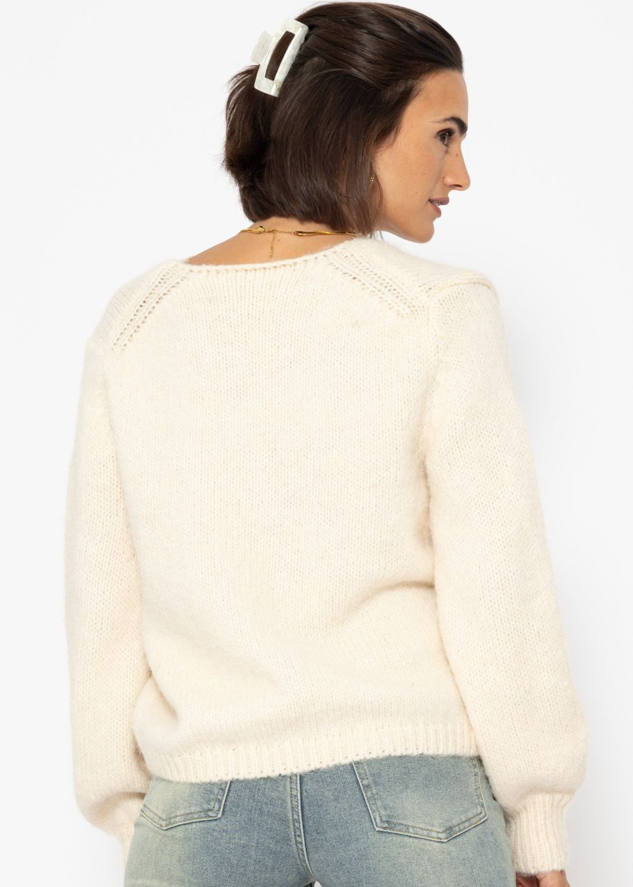 Cardigan with lace neckline - offwhite