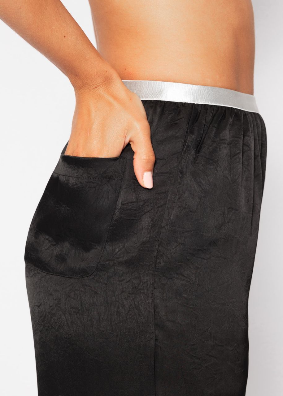 Satin pants with silver elastic waistband - black