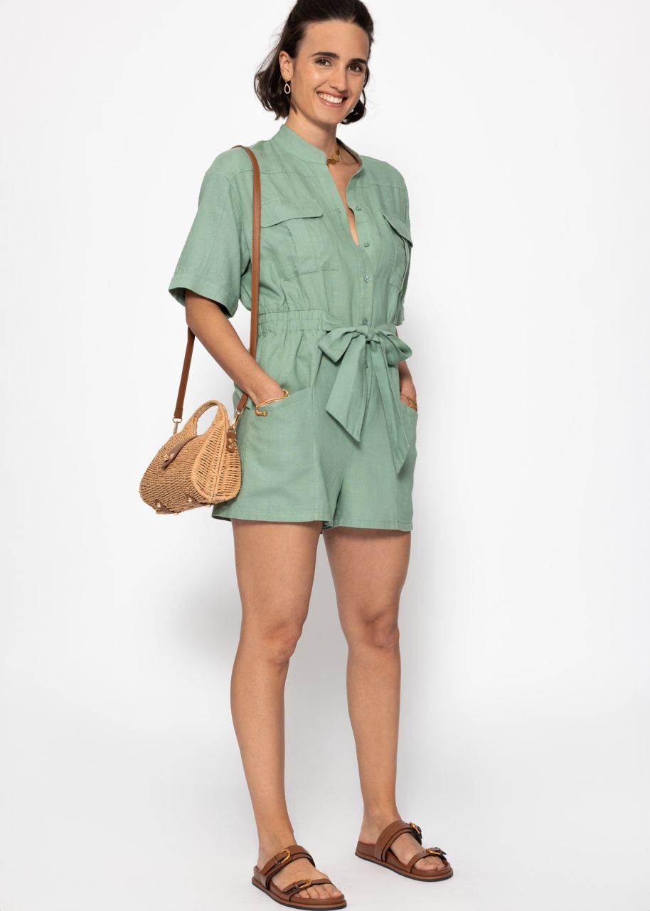 Linen jumpsuit with tie belt - sage green