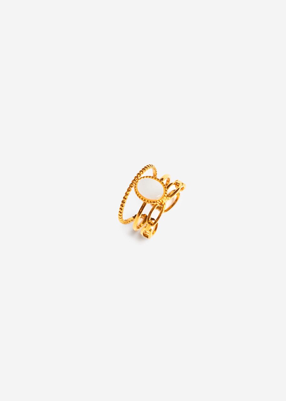 Three-piece ring with whie gemstone - gold