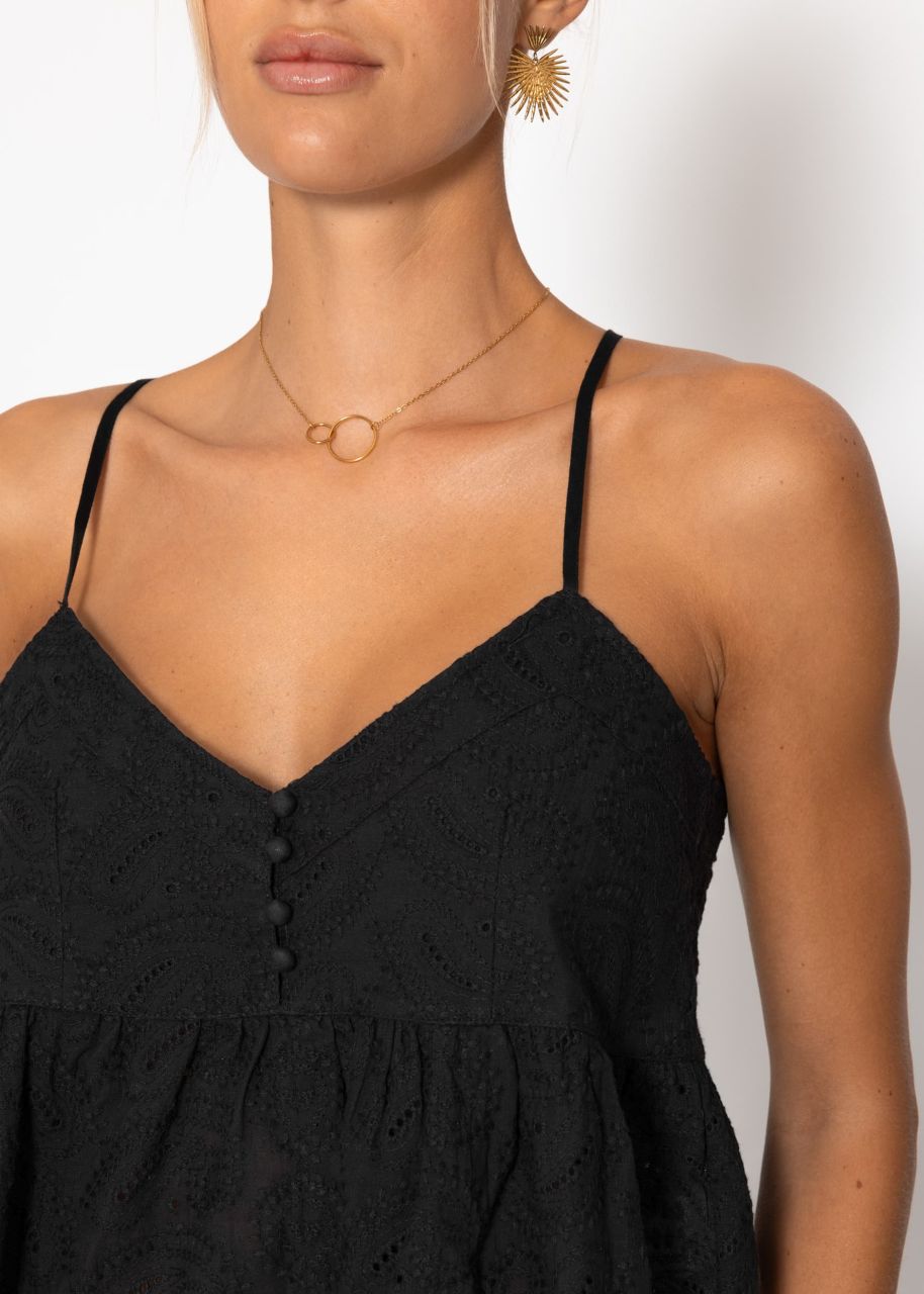 Top with flounce and eyelet embroidery - black