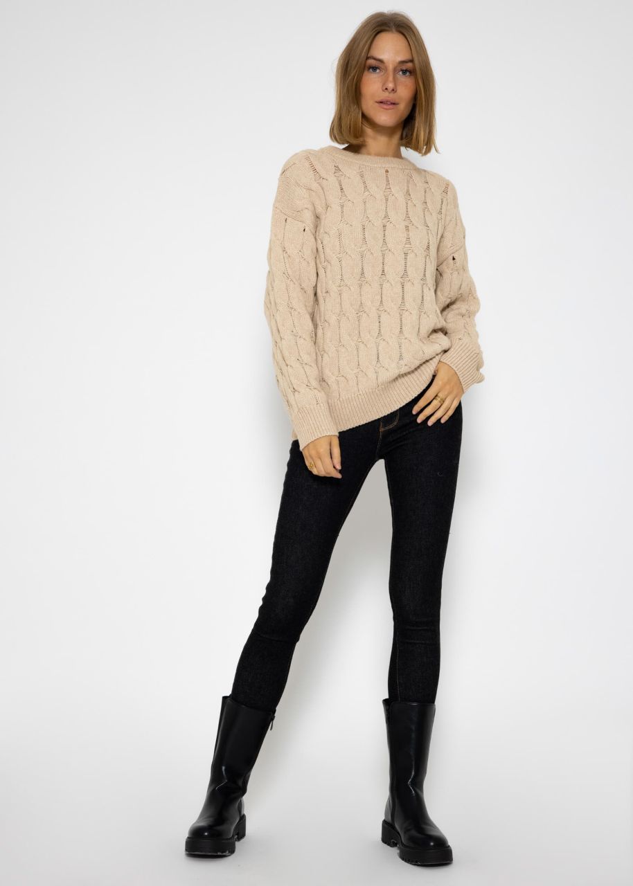 Knitted jumper with cable stitch - beige