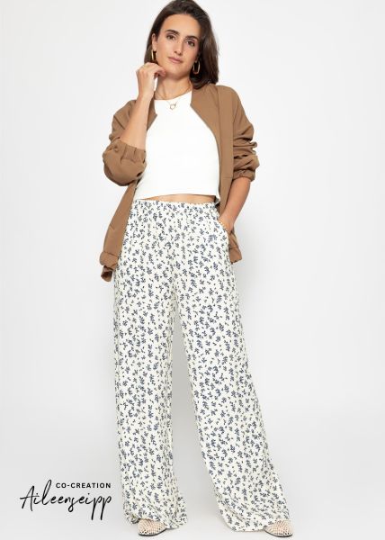 Trousers with wide leg and floral print - offwhite