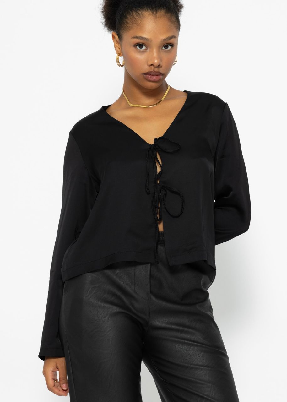 Satin blouse with tie ribbons - black