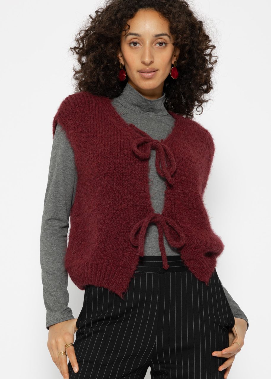 Fluffy, sleeveless knitted vest - burgundy