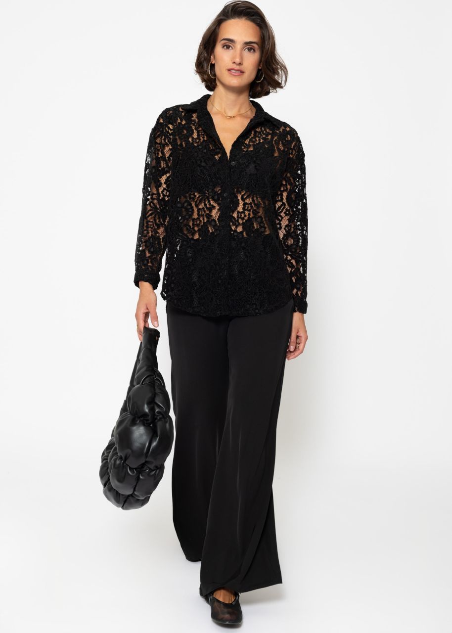 Lace blouse with velvet effect - black