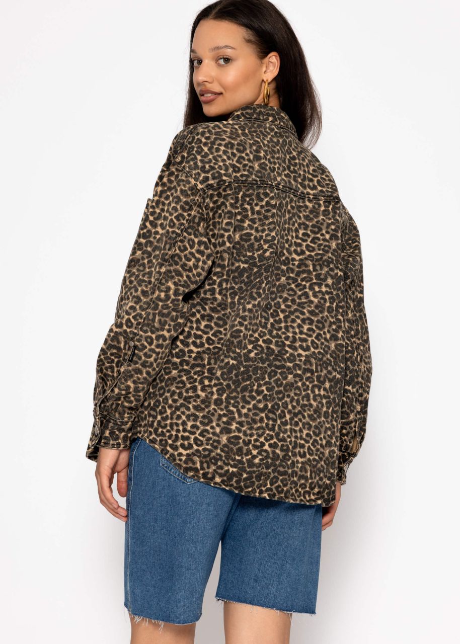 Denim shirt jacket with leopard print - beige