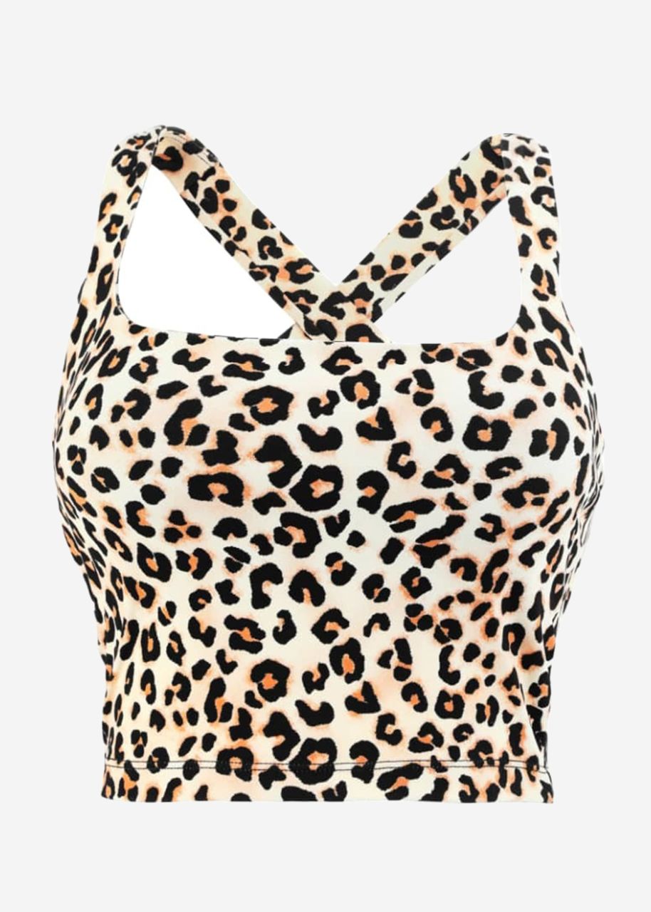 Sports bra with crossed, wide straps in leo print - beige