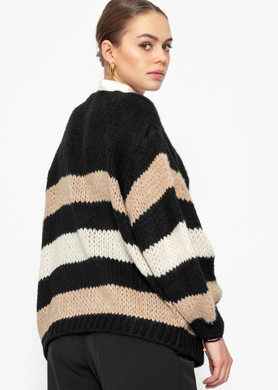 Striped cardigan with balloon sleeves - black-camel-offwhite