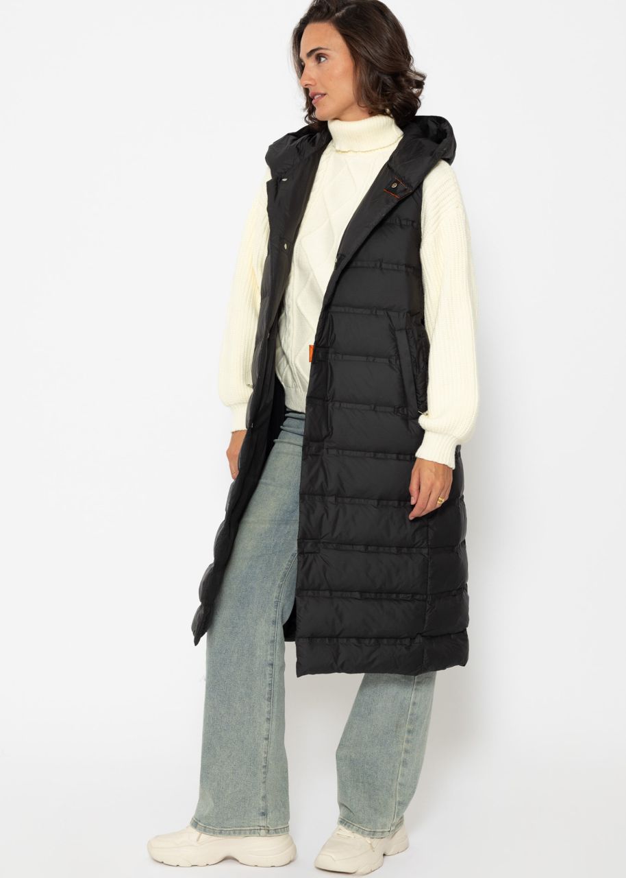 Long quilted waistcoat with hood - black