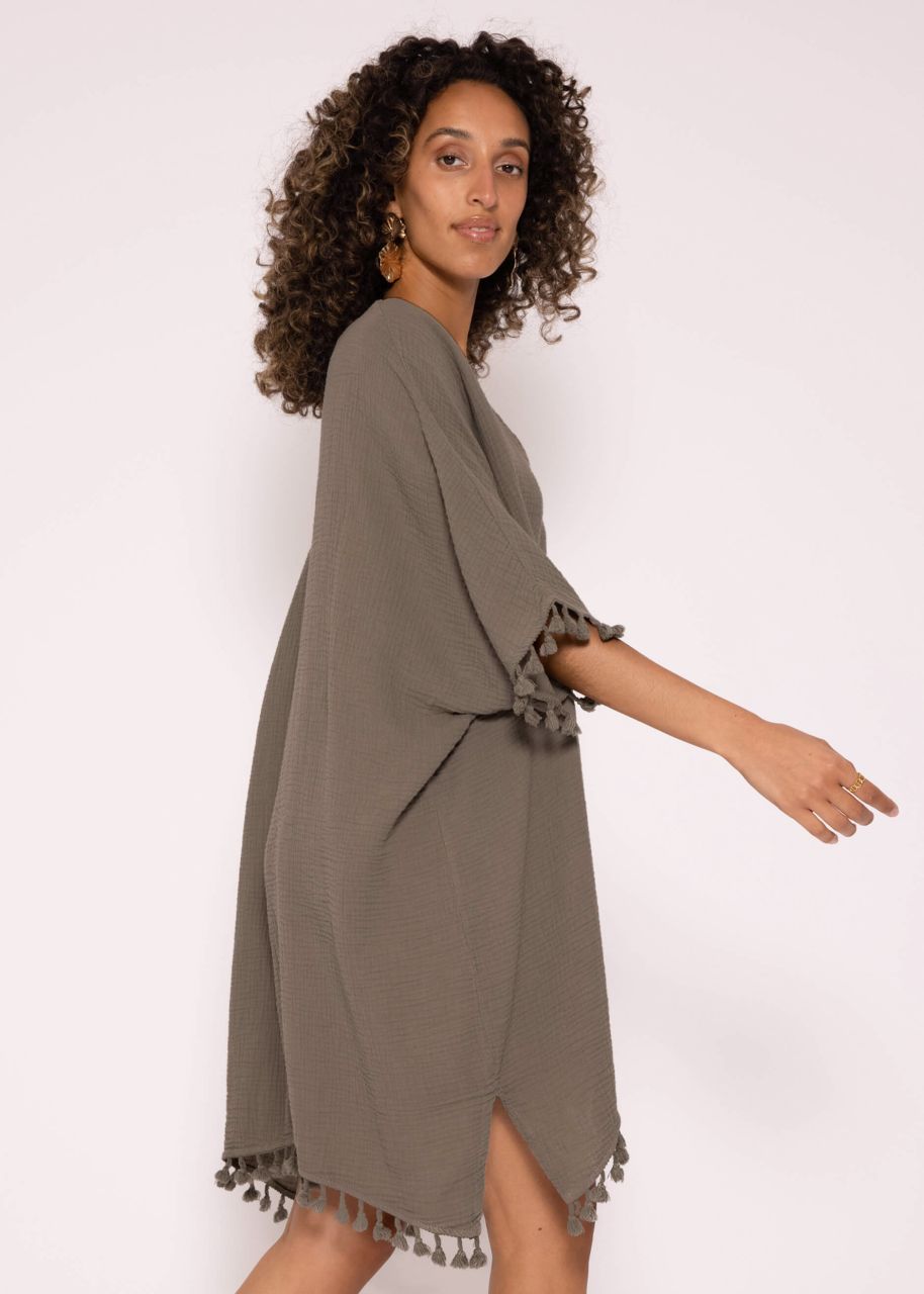 Muslin tunic with tassels, taupe