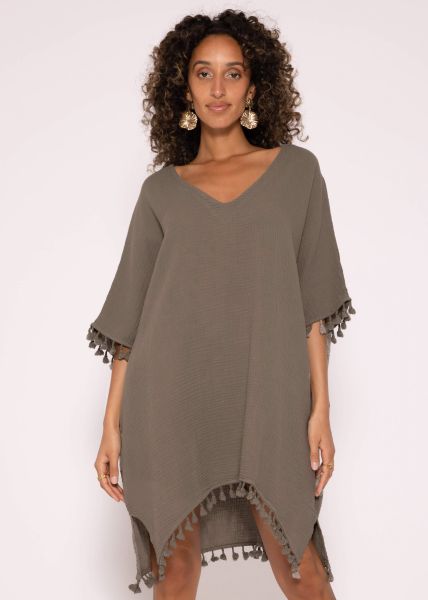 Muslin tunic with tassels, taupe
