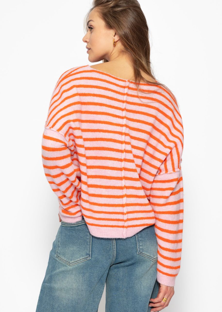 Striped oversized sweater with back seam - pink-orange