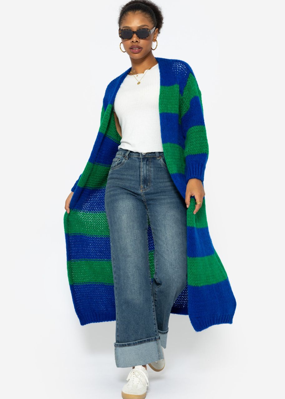 Extra long cardigan with block stripes - royal blue-green