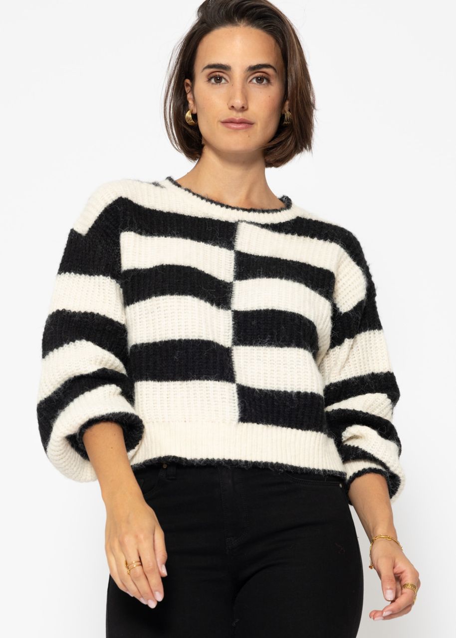 Fluffy sweater with offset block stripes - black-offwhite