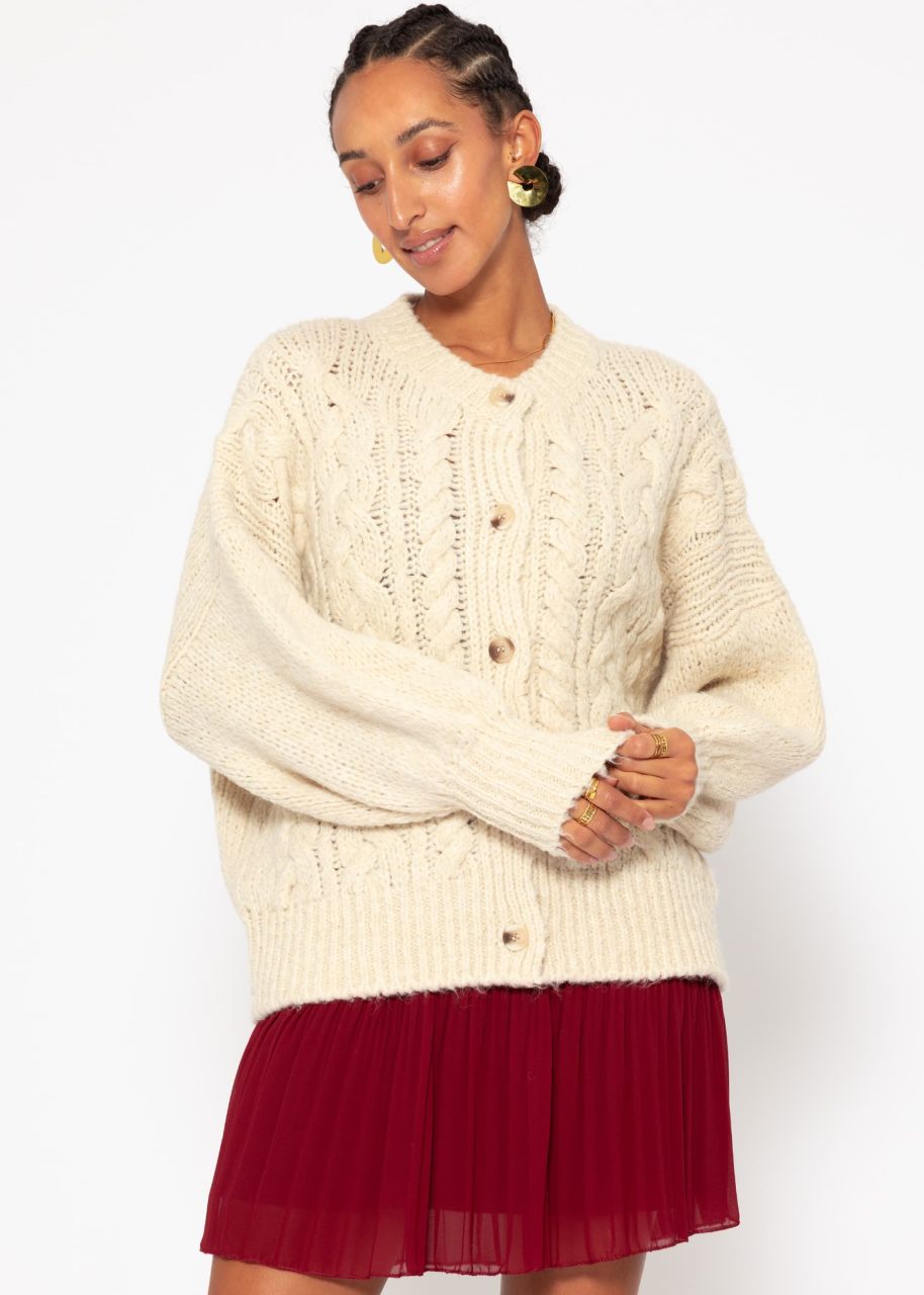 Super fluffy cardigan with cable knit pattern - cream white