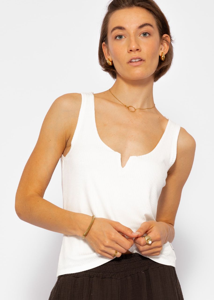 Ribbed top with V-neck - offwhite