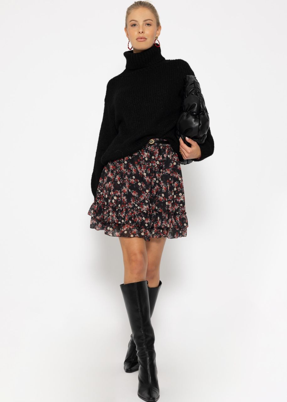 Flouncy skirt with ruffles and floral print - black