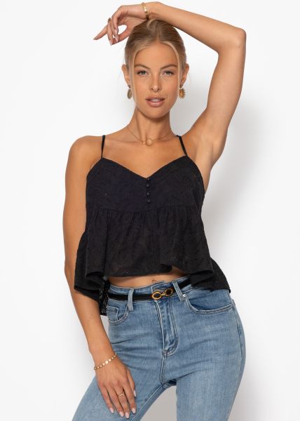 Top with flounce and eyelet embroidery - black