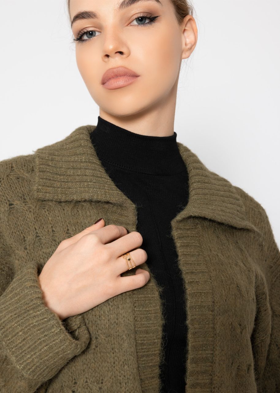 Fluffy cable-knit cardigan with collar - olive green