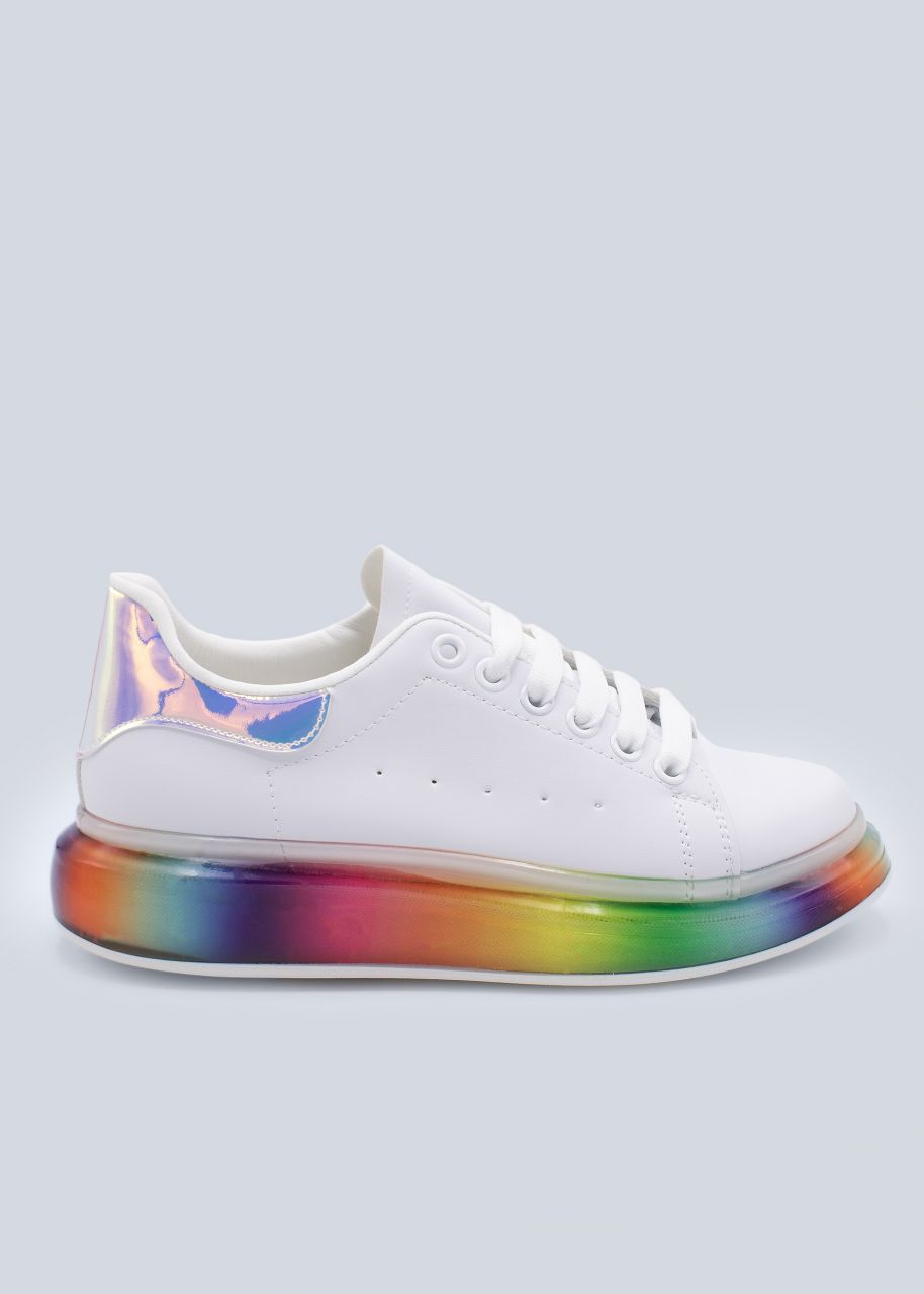white sneakers with rainbow soles