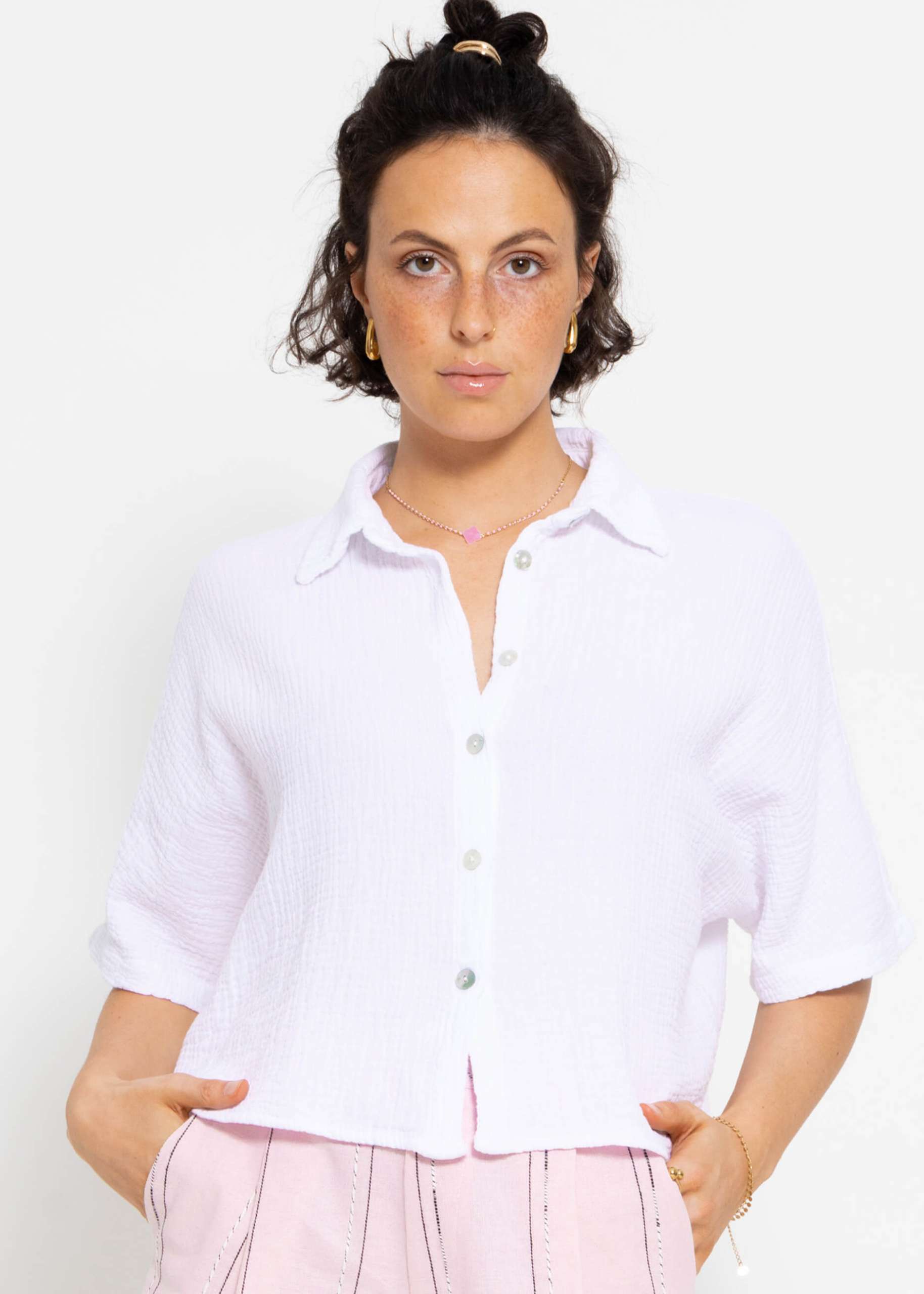 Short sleeve muslin blouse - white