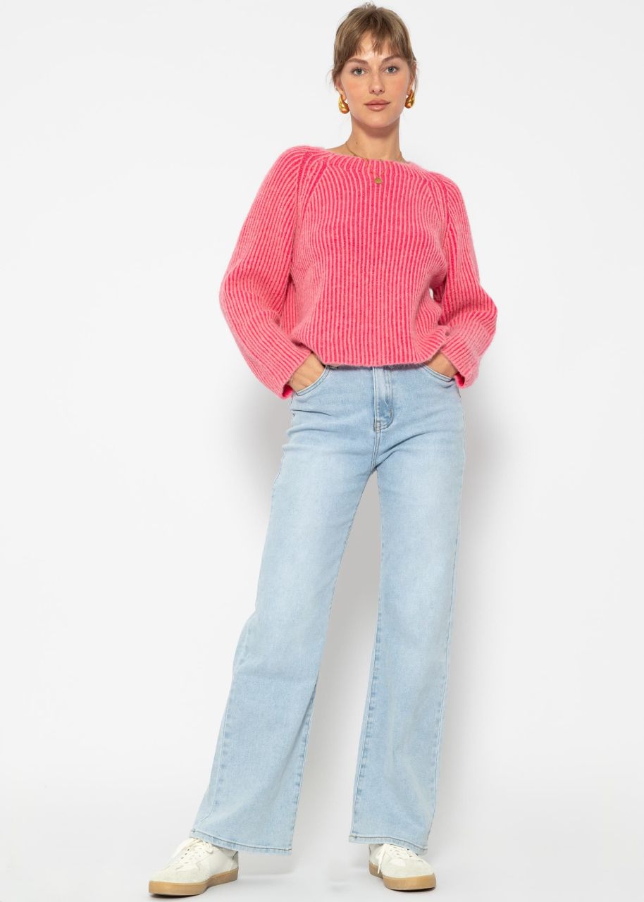 Two-coloured ribbed jumper - pink-fuchsia