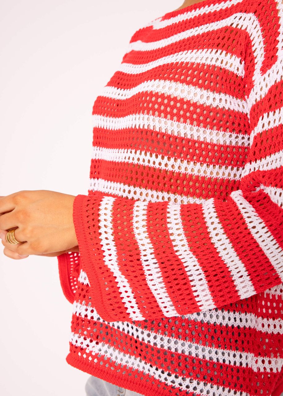 Stripe Crochet Sweater, Red-White