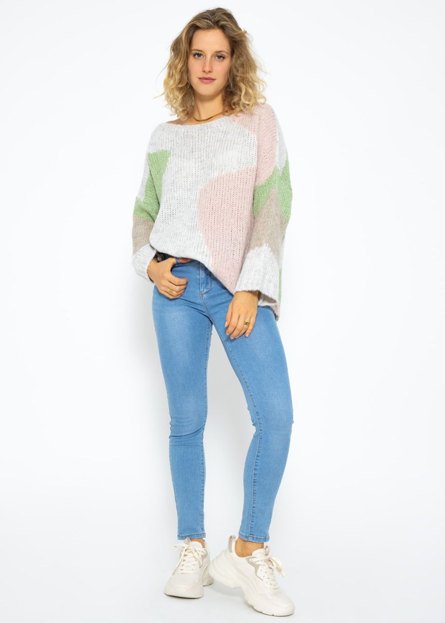 Jumper with colour blocking, pink-beige-grey-green