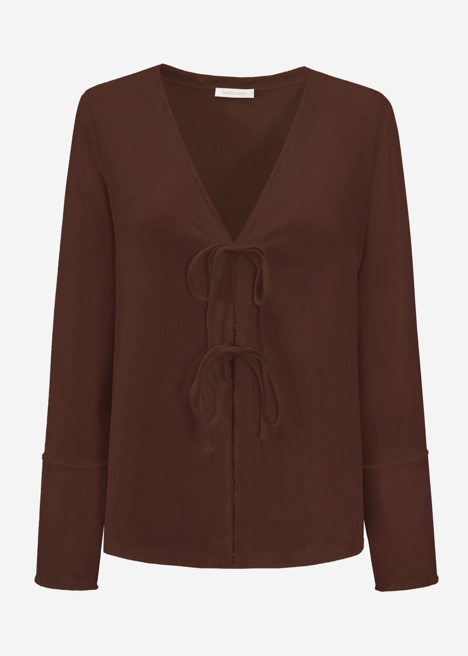 Linen blouse with trumpet sleeves and bow fastening - brown