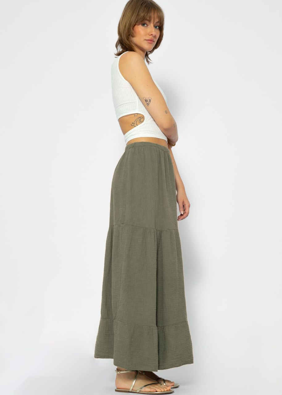 Muslin maxi skirt with flounces - khaki