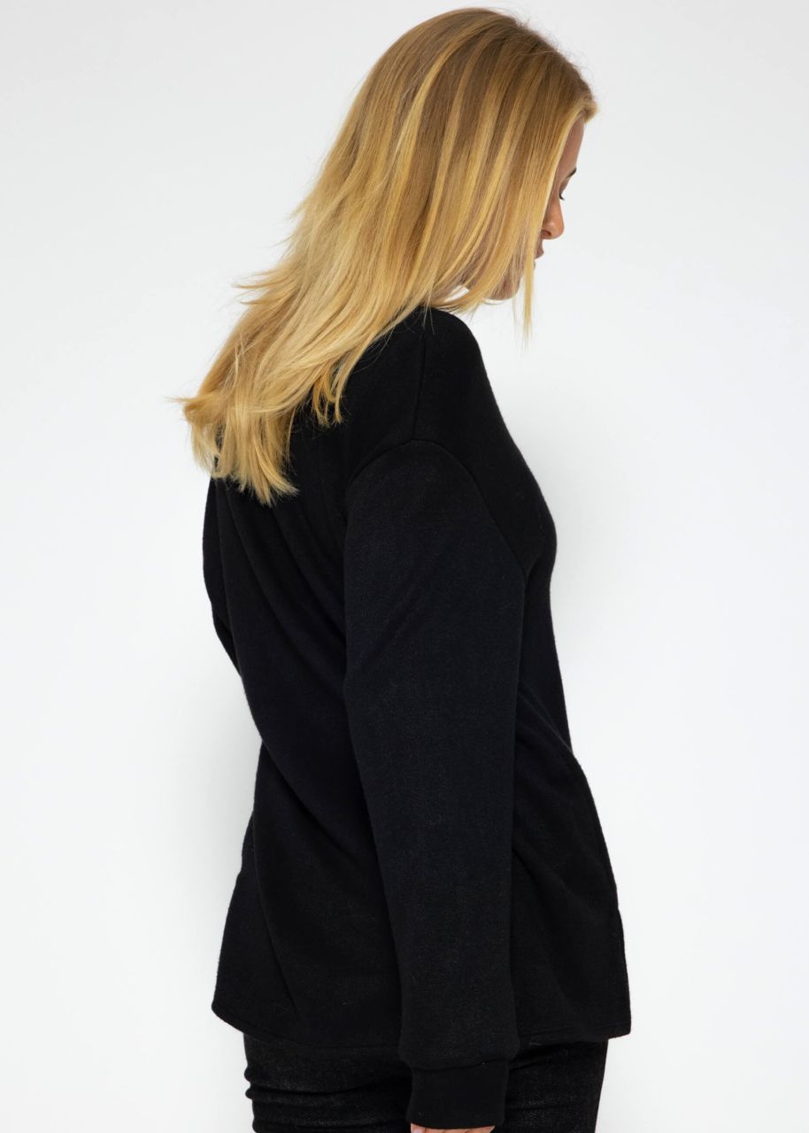 Oversize soft jumper with deep V-neck - black