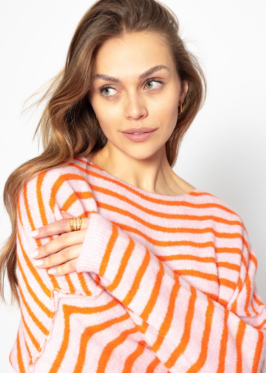 Striped oversized sweater with back seam - pink-orange